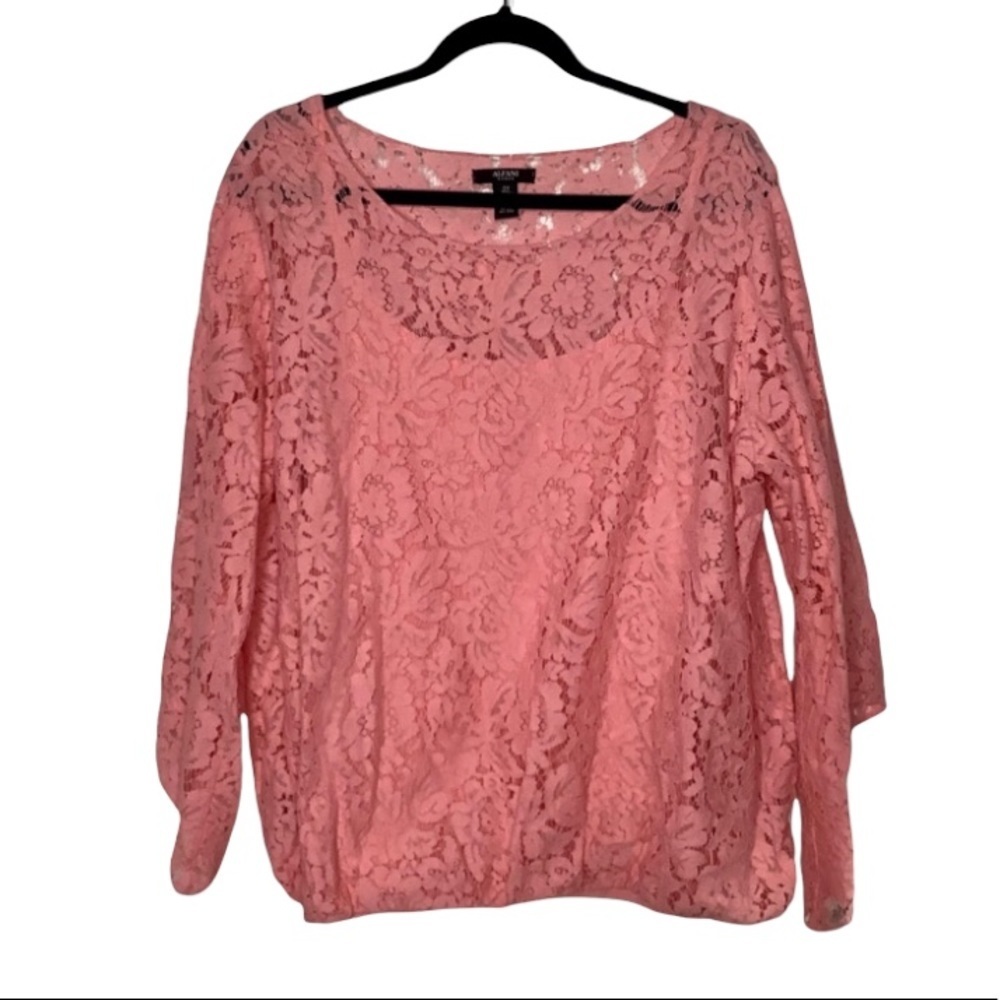 Alfani Coral Floral Sheer Angel Sleeve Lace Boat Neck Tunic 2X